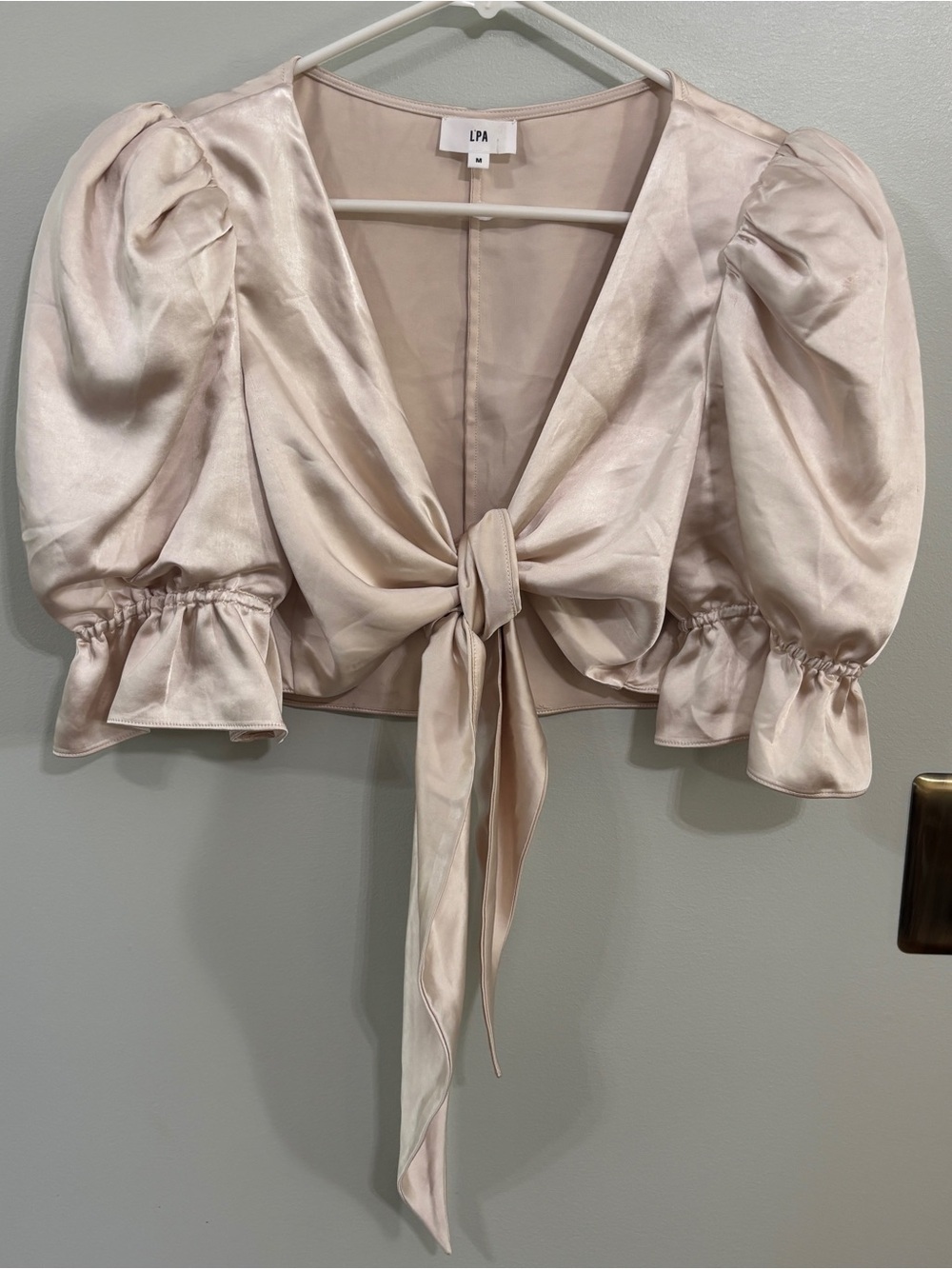 Revolve LPA candy top Satin Tie-Front Puff Sleeve Top in champagne medium